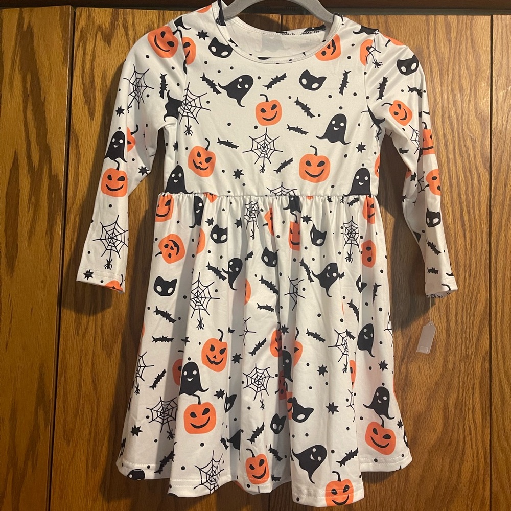 White Halloween Casual Dress with Black Cats and Pumpkins